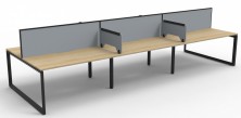 Deluxe Rapid Infinity Workstations. Natural Oak Top. Black Loop Legs. Grey Fabric And Black Frame Desk Mount Screens